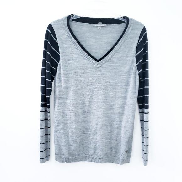 SmartWool V-neck Merino Wool Sweater Striped Gray - Picture 1 of 4